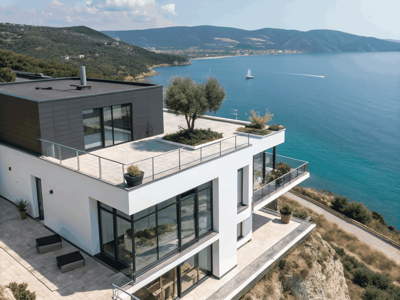 Bright holiday apartment terrace overlooking the Ionian Sea in Vlore