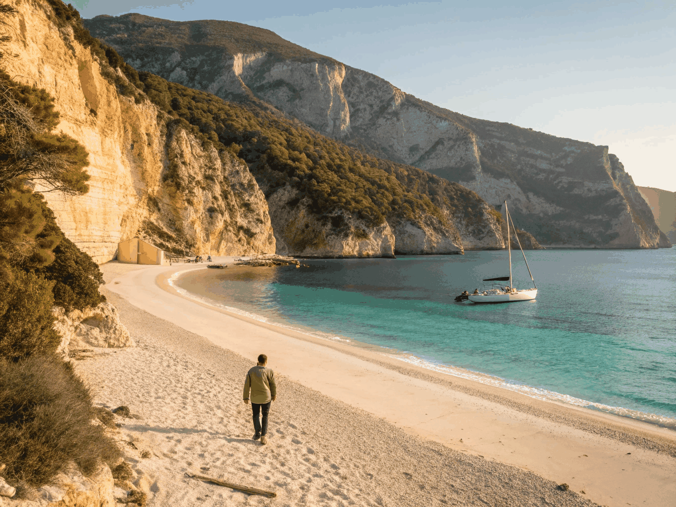 Dramatic limestone cliffs and turquoise water of Karaburun peninsula near Vlore