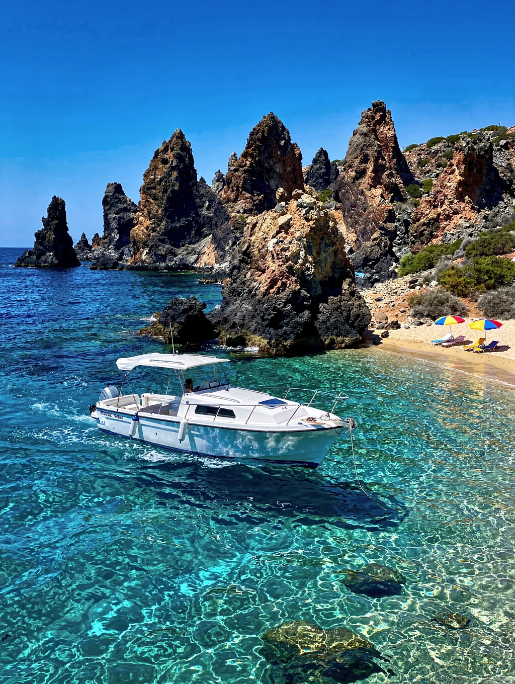 Crystal clear coastal waters and rocky cliffs at Sazan Island and Karaburun