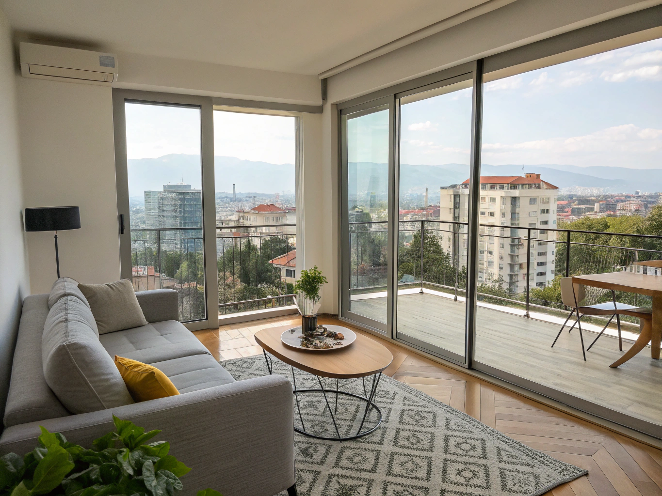Bright coastal holiday apartment interior with balcony in Vlore Albania