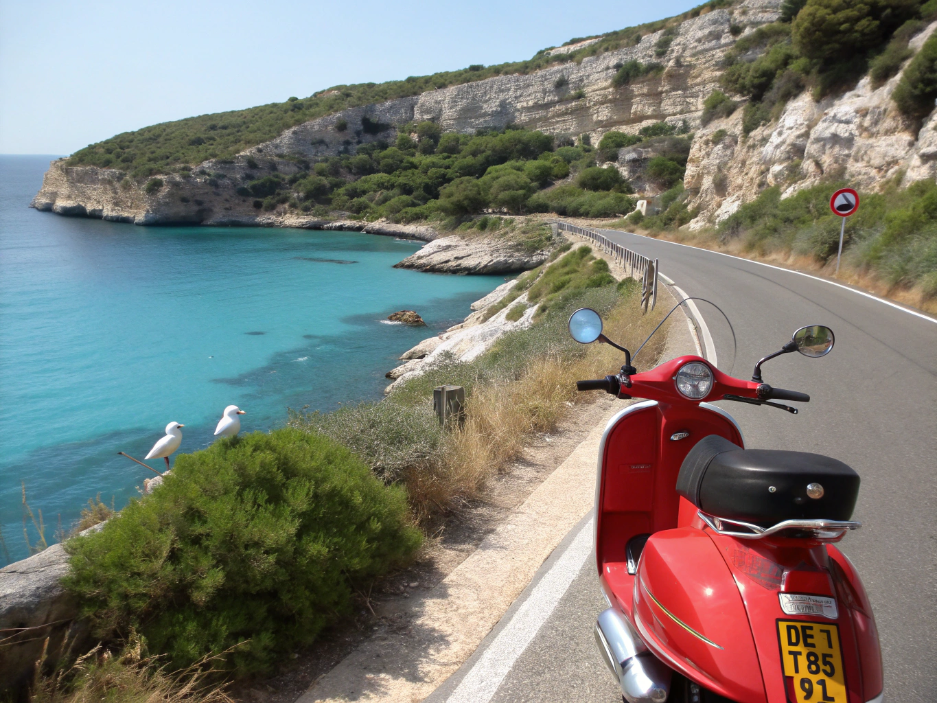 Happy traveler riding scooter along coastal road in Vlore Albania