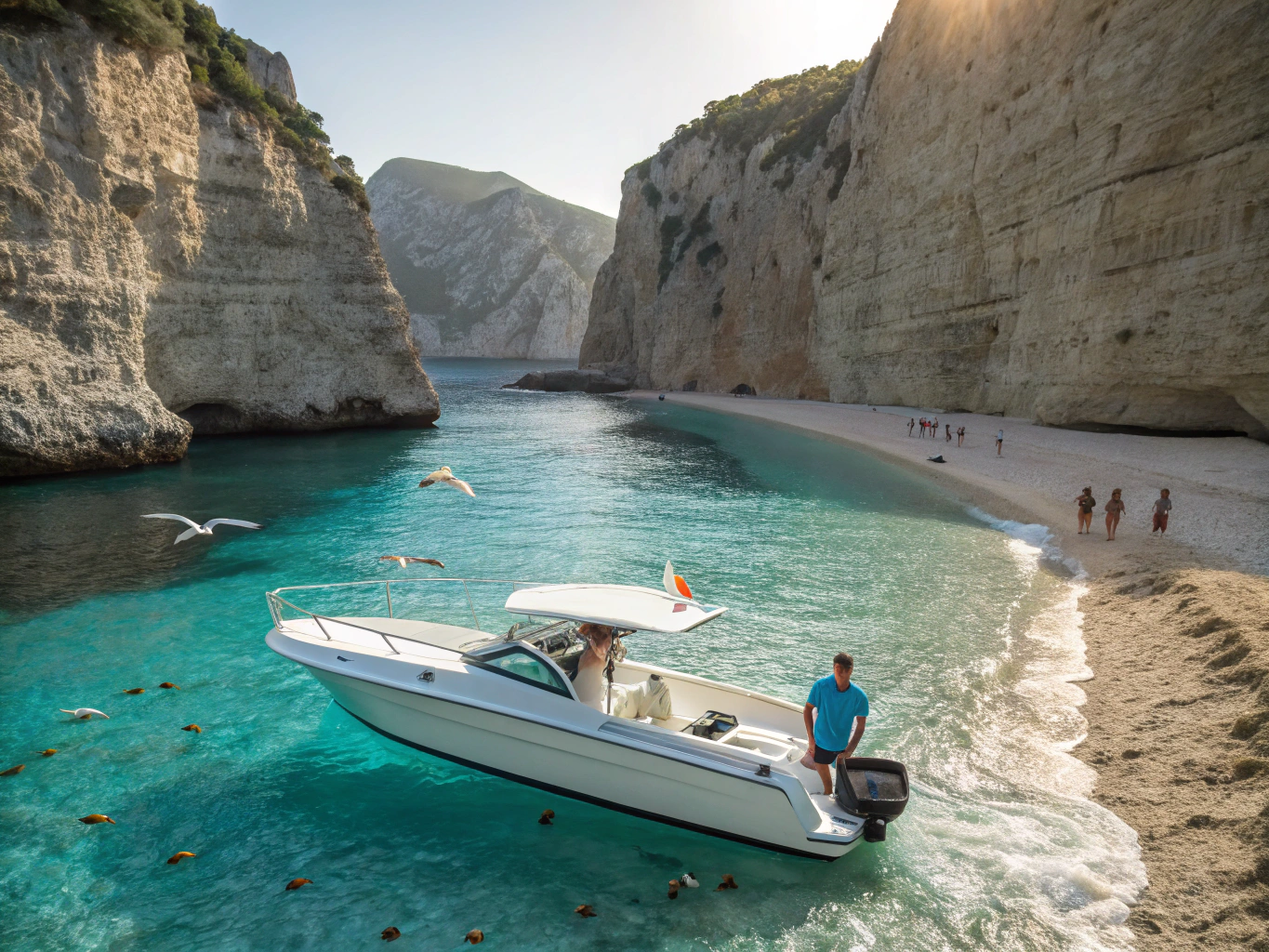 Travelers relaxing on a sunny speedboat tour along the Albanian coast