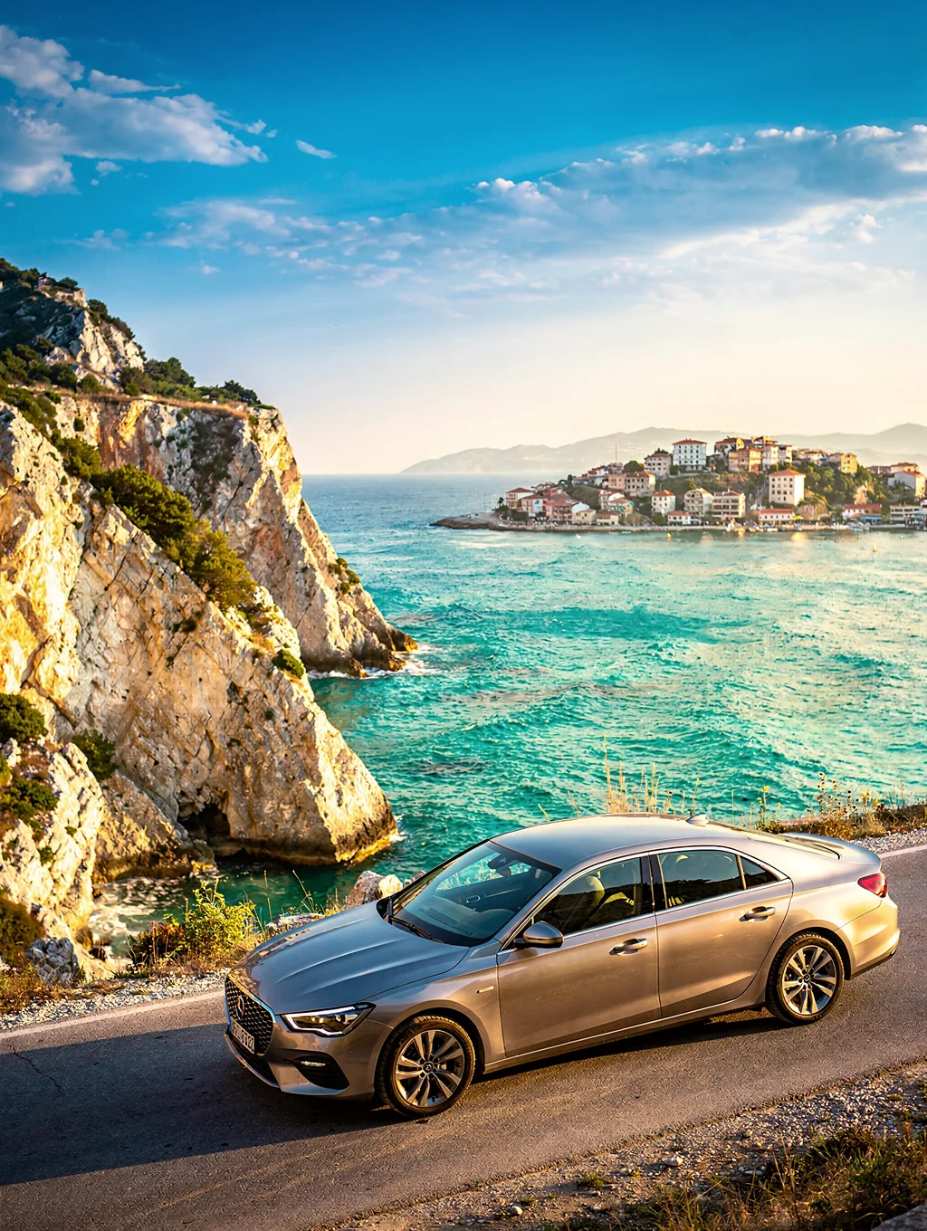 Rental car parked along the Albanian Riviera coast in Vlore